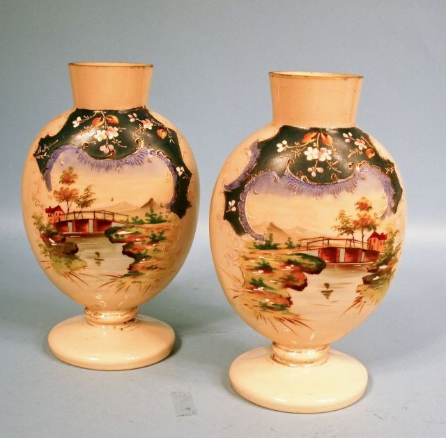 Pair Bristol Glass Hand Painted "Fire glow" Mantle Vases
