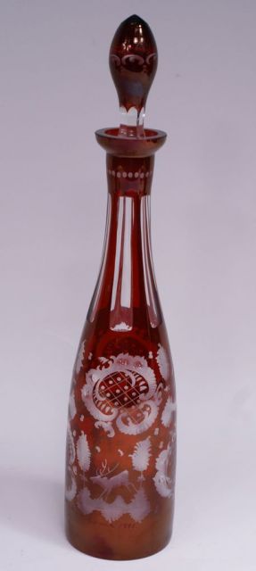 Bohemian Ruby Cut Overlay Decanter, Etched "Vorbeck 1882"