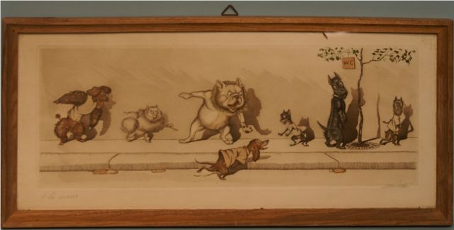 Artist Signed Vintage French Watercolor of Dogs, "Wait in line"