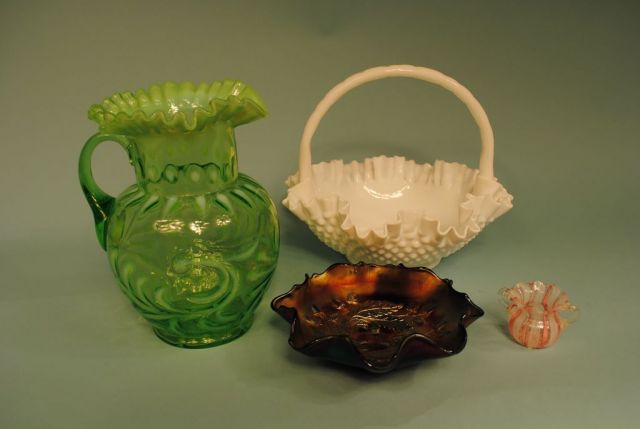 Victorian Green Opalescent Spanish Lace Water Pitcher, Large Fenton Milk Glass Hobnail Brides Basket, Venetian Glass Latticino Toothpick Holder, Early Fenton "Acorn" Blue Carnival Glass Bowl