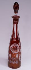 Bohemian Ruby Cut Overlay Decanter, Etched "Vorbeck 1882"