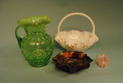 Victorian Green Opalescent Spanish Lace Water Pitcher, Large Fenton Milk Glass Hobnail Brides Basket, Venetian Glass Latticino Toothpick Holder, Early Fenton "Acorn" Blue Carnival Glass Bowl