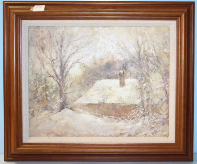 Primitive Oil Painting of "Snow Cabin" by M.M. Kent
