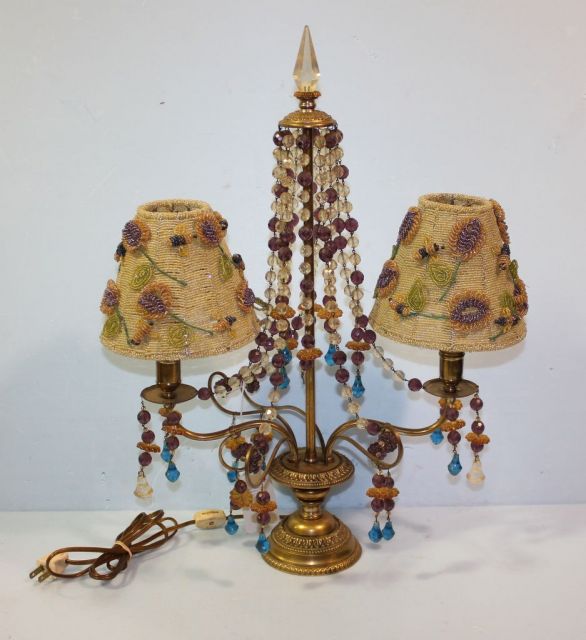 Vintage Brass Two Light Lamp with Beaded Shades