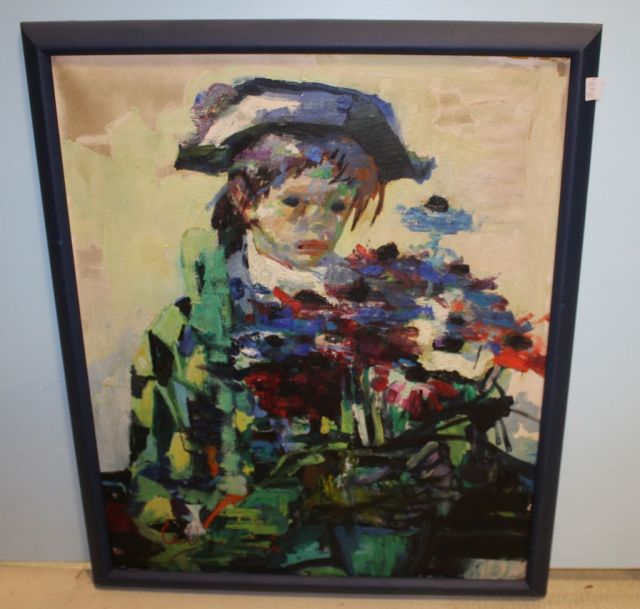 Oil on Canvas of Harlequin Child with Flowers by Luigi Corbellin
