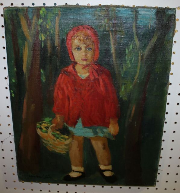 Oil on Canvas of Young Girl with Basket, or Little Red Riding Hood, Luigi Corbellin