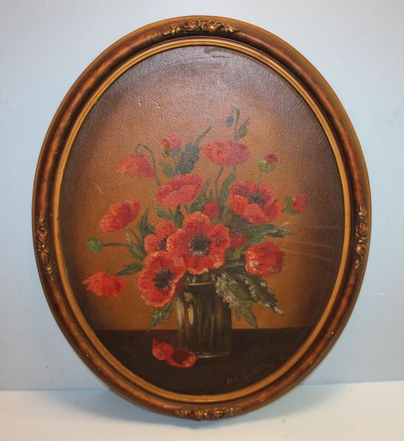 Oil on Canvas of Red Poppy in Oval Frame, by Henry L. Sanger