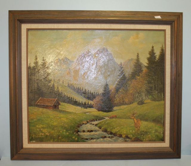 Oil on Canvas of Deer in Meadow Scene