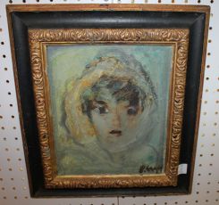 Oil on Canvas Portrait of Young Girl in Hood, P. Crespi