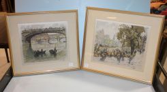 Pair of Etchings on Silk "Arno River", Florence and "Amsterdam Flower Market"