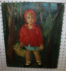 Oil on Canvas of Young Girl with Basket, or Little Red Riding Hood, Luigi Corbellin