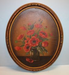 Oil on Canvas of Red Poppy in Oval Frame, by Henry L. Sanger