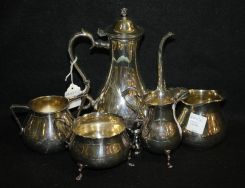 Rogers Silverplate Creamer and Sugar along with Three Piece International Silverplate Tea Set