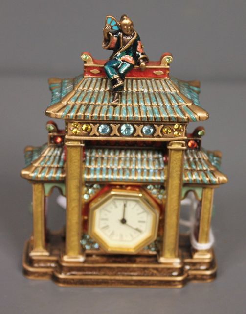Jay Strongwater Chinoiserie Enamel and Crystal Pagoda Mini Clock