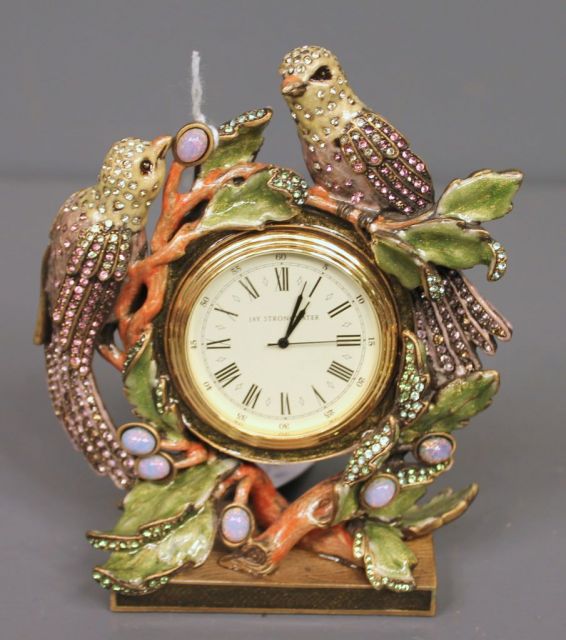 Jay Strongwater Limited Edition Flora and Fauna Enamel and Crystal Love Birds Clock