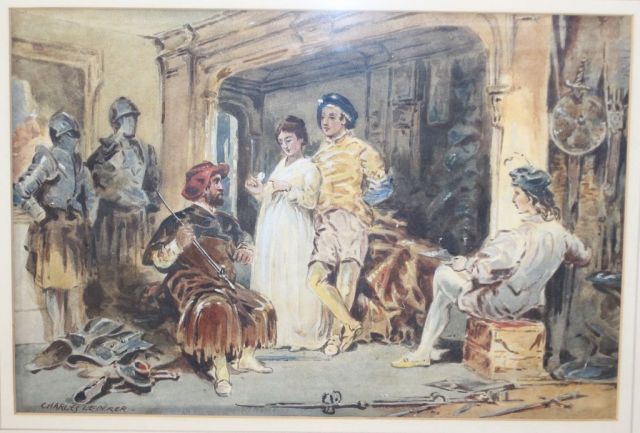 Watercolor of Court Scene by Charles Ledere