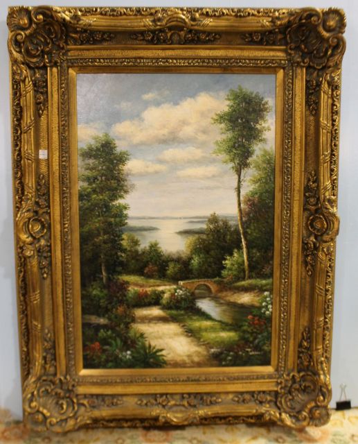 Large Oil on Canvas of Boats on the Lake