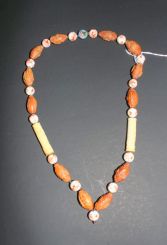 Chinese Porcelain Carved Wood and Bone Necklace with Cloisonn Clasp