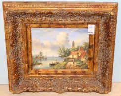 Oil Painting on Canvas of Village with Houses, River, and Windmill