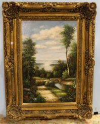 Large Oil on Canvas of Boats on the Lake