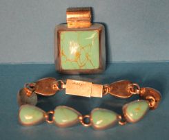 Marked Mexico Turquoise Silver Bracelet and Turquoise .925 Pendant