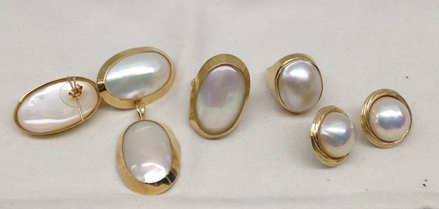 Stamped 14K Mother of Pearl Pendant, Round Earrings, Oval Earrings, Oval Ring, and Long Oval Ring