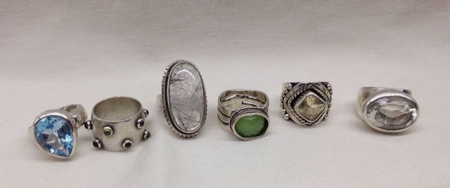 Six sterling Silver lady's gemstone (simulated and natural) rings