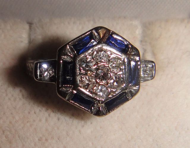 One stamped 18KT white gold lady's cast diamond and sapphire antique ring