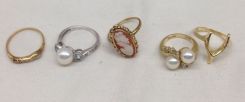 One 14K rosecut ring; one pearl and diamond 14K ring; one 10K shell cameo ring; one pearl, diamond, and aquamarine, 14K; one 14K wishbone ring