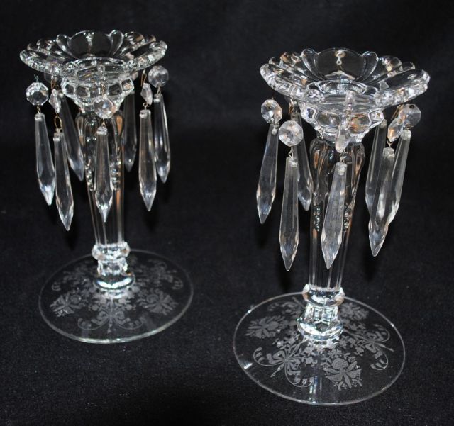 Pair Heisey Crystal "Orchid" Queen Anne Candelabra