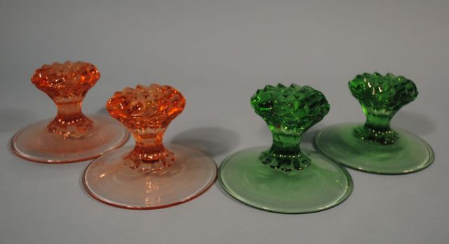 2 Pair Heisey Moongleam & Flamingo "Overlapping Swirl" Candlesticks