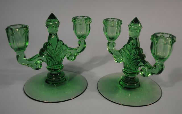 Pair Heisey Moongleam "Trident" Candlesticks
