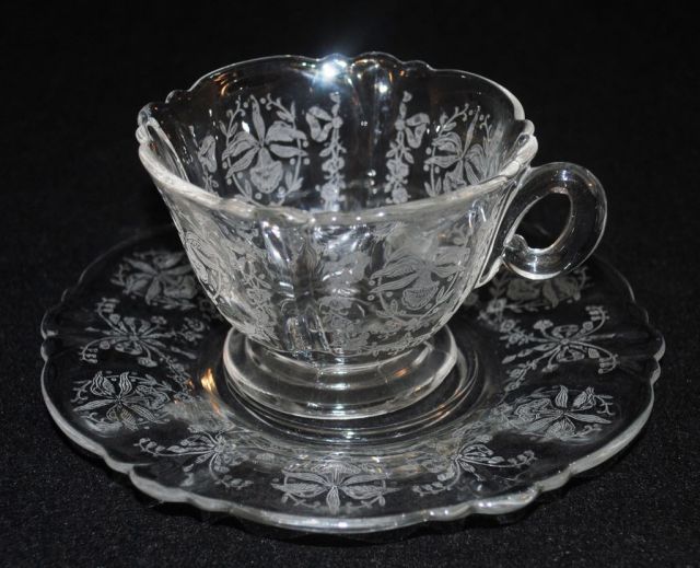 8 Heisey Crystal "Orchid" Cup & Saucers, Queen Ann
