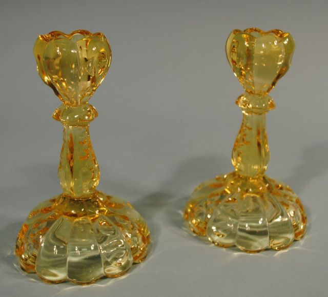 Pair Heisey Sahara "Old Sandwich" Candlesticks