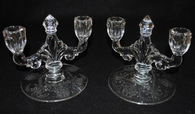 Pair Heisey Crystal "Orchid" Trident 2-Lite Candlestick