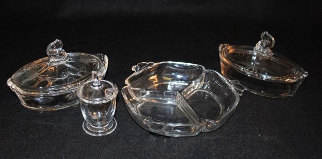 Heisey Crystal "Queen Anne" Lemon Dishes, Relish Dish, Mustard Jar