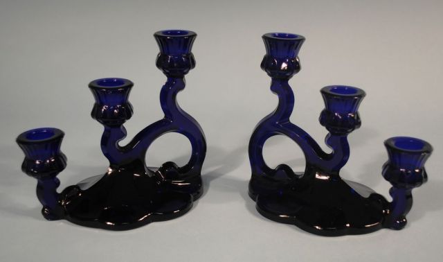 Pair Heisey Stiegel Blue "Triplex" Candlesticks